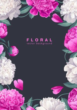 Beyaz ve pembe şakayık çiçekleri, yaprakları ve yaprakları olan dikey arkaplan. Yüksek detay, arka planda vektör çiçeği. Kutlama kartları için sezonluk gerçekçi illüstrasyon, mevsimlik satış afişi şablonu