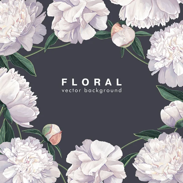 Modèle Cadre Floral Avec Des Fleurs Blanches Printanières Pivoines Feuilles — Image vectorielle