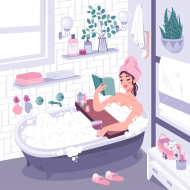 Düz çizgi film tarzında şirin vektör çizimi. Kız banyo yapıyor ve kitap okuyor. Kişisel bakım kavramı, kendine zaman ayırmak. Ev eşyaları, kozmetik ürünleri, havlularla dolu samimi bir banyo..