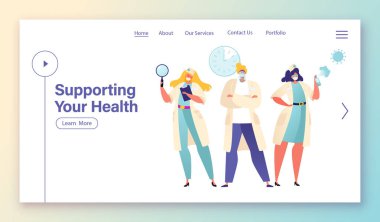 Sağlık hizmeti konsepti iniş sayfası şablonu. Maskeli ve antiseptik kullanan hastane doktoru karakterleri, hasta kayıtları olan dosyalar danışmanlık sitesi veya web sayfası tasarımı yapıyor.