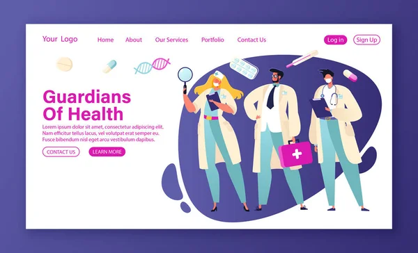Medicine Health Care Workers Concept Landing Page Template Website Web — Stock Vector