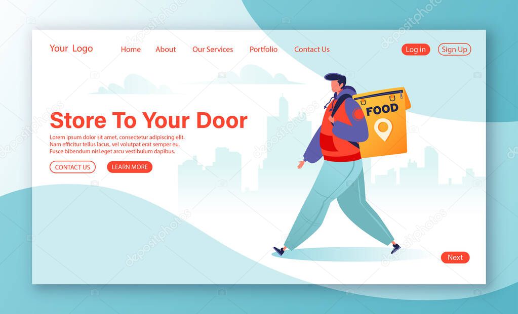 Delivery service concept for landing page template. Flat cartoon character courier delivers package to customer. Delivery of food, household and personal items.