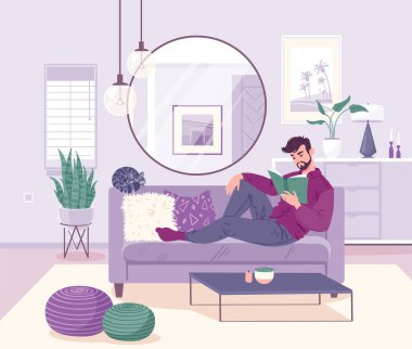 Evde kanepede uzanmış kitap okuyan bir adamla vektör çizimi. Düz çizgi film tarzı. Modern tarz, modaya uygun iç mekan. Bekar evi, rahat bir ev. Adam hevesle kitap okuyor..