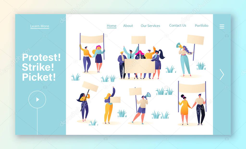 Concept of landing page with protesting people. Characters with placards and signboard on strike or protest, riot, picket, demonstration web page design. Cartoon flat vector illustration.