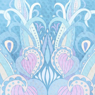 Vektör elle çizilmiş doodle mandala. Etnik renkli süsleme ile. İzole. Pastel mavi renkler, arka plan. Doodle illüstrasyon. Yazdırma kumaş tasarım kartı davetiyesi için