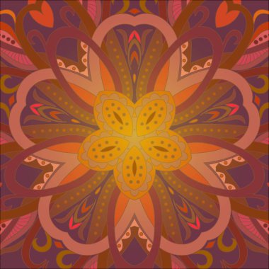 Mandala dekorasyon, renkli süs. Stilize doodle çiçek desenli, izole tasarım öğesi için logo, amblem, davetiye, kumaş bez baskı. Doğal toprak renkleri, kırmızı