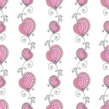 Yürekleri romantik seamless modeli. Vektör çizim, sonsuz doku ile florish. Sevimli ve süslü arka plan duvar kağıdı, Web sitesi, tekstil için desigh. Pembe ve beyaz