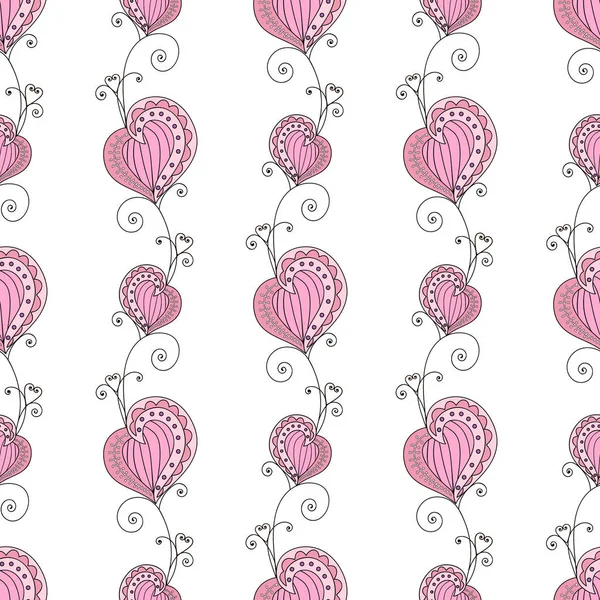 Patrón romántico sin costuras con corazones. Ilustración vectorial, textura sin fin con florecimiento. Fondo lindo y elegante para el fondo de pantalla, sitio web, diseño textil. Rosa y blanco — Vector de stock