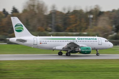 Hamburg fuhlsbttel - 18.10.2017 Airbus A319 of Germania Airlines takeoff from Hamburg airport 18.10.2017 in Hamburg, Germany clipart