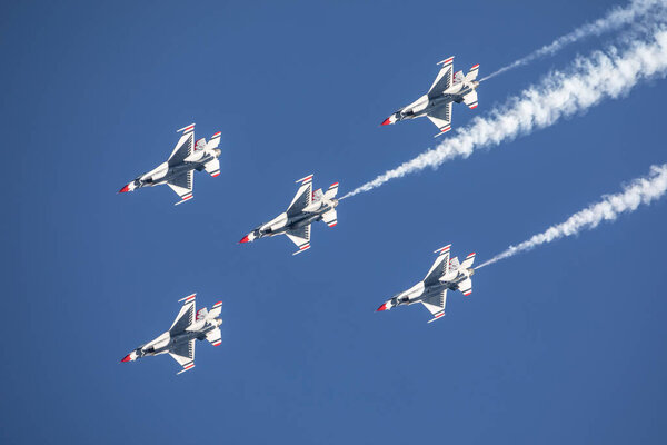 Las Vegas, United States - 15.11.2019 USAF Thunderbirds demonstration flight during the Aviation Nation Airshow in Nellis Air Force Base in 15.11.2019 in Las Vegas, United States