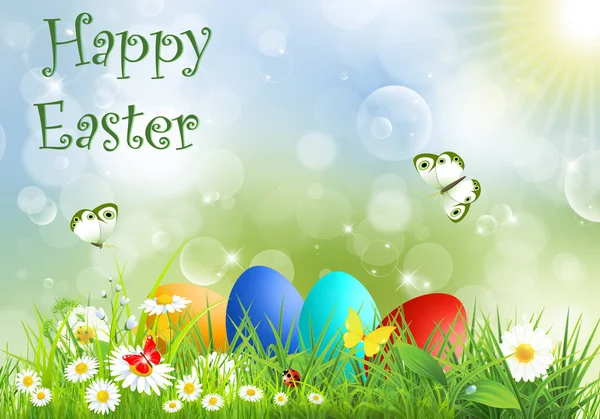 Húsvéti tojást a fű és a pillangók. — Stock Vector