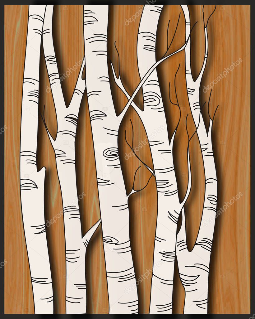 Beautiful birch trees on wood . 