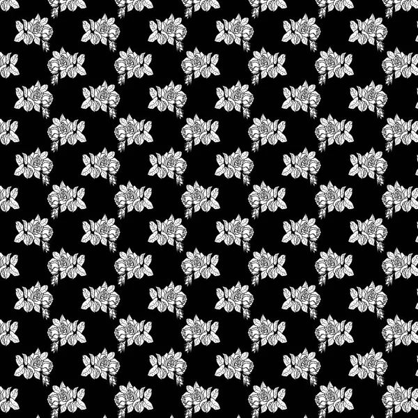 Witte rozen patroon op zwarte achtergrond. — Stockvector