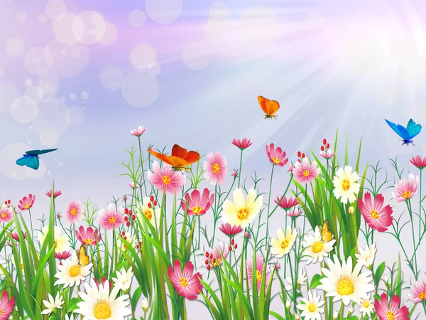 Primavera Naturaleza Fondo Con Flores Una Mariposa — Vector de stock
