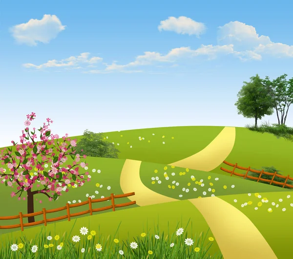 田野和篱笆的夏日插图 — 图库矢量图片