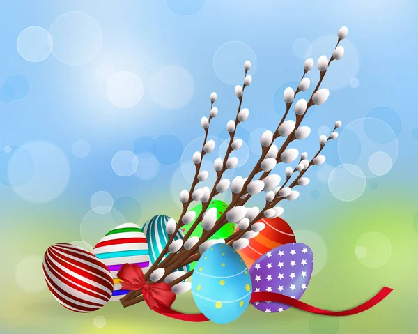 Ilustracja Świąt Wielkanocnych Gałązką Wierzby Jajkami — Zdjęcie stockowe