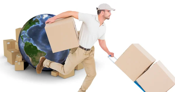 Entrega homem com carrinho de caixas — Fotografia de Stock