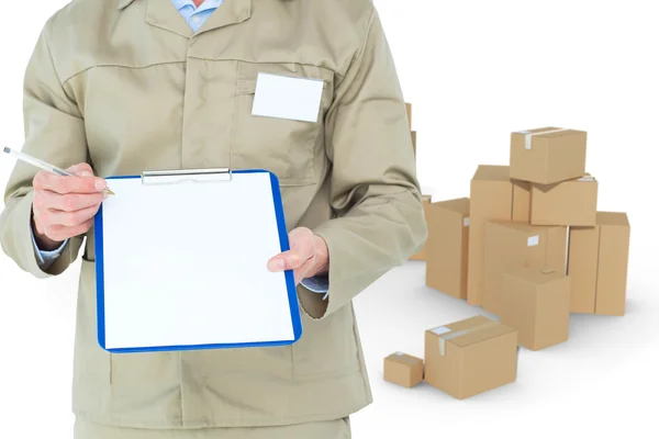 Delivery man showing blank paper — Stock Photo, Image