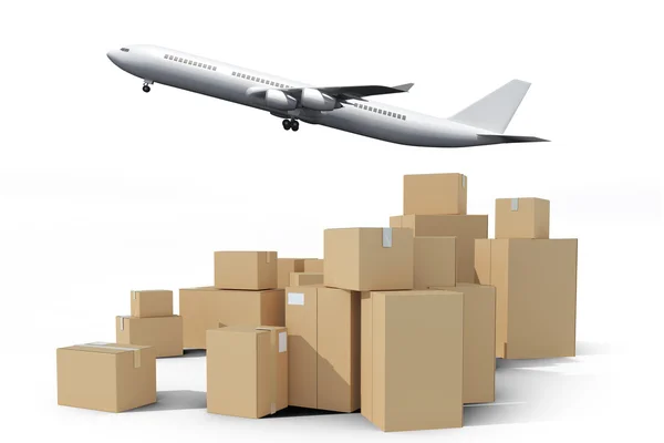 Cardboard boxes against graphic airplane — Stock Photo, Image