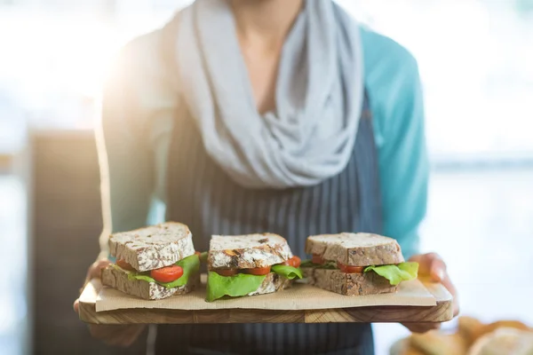 Официантка держит поднос с бутербродами — стоковое фото