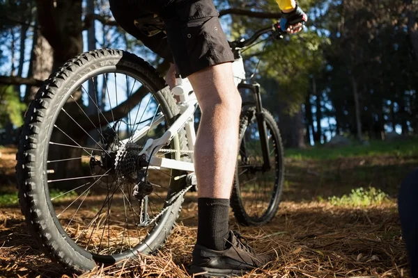 Baixa seção de ciclista de montanha masculino andar de bicicleta — Fotografia de Stock