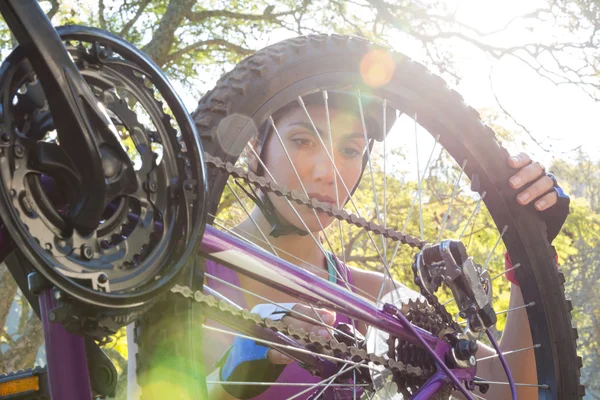 Ciclista mujer reparando su bicicleta —  Fotos de Stock