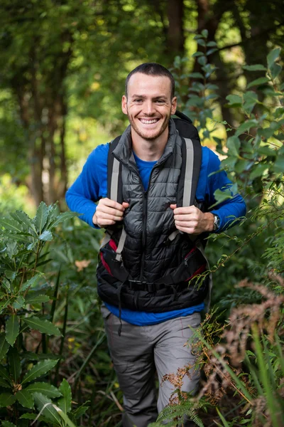 Manliga vandrare i skogen — Stockfoto