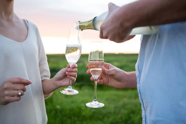 Pareja tomando champán en el campo — Foto de Stock