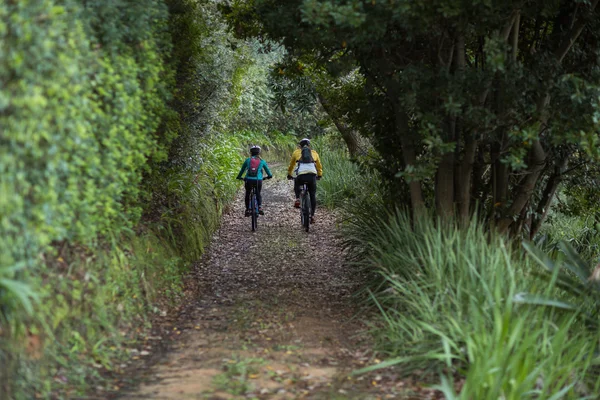Велосипедна пара їде на велосипеді в сільській місцевості — стокове фото