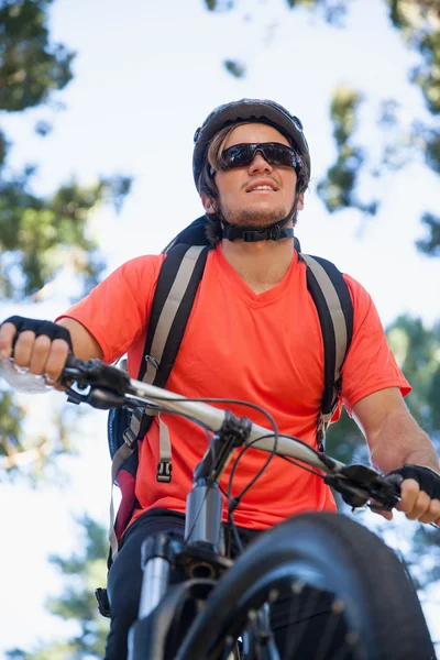 Mężczyzna mountain biker jazdy na rowerze w lesie — Zdjęcie stockowe