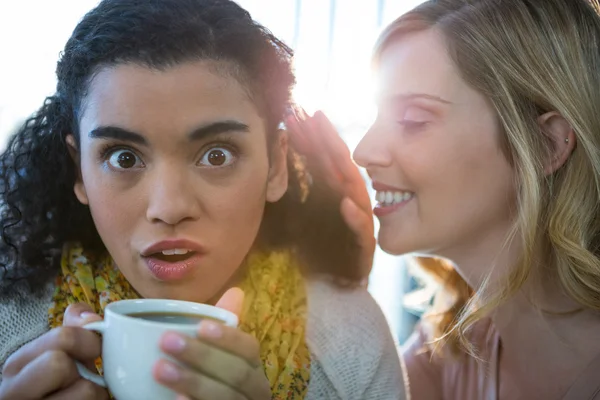 Женщина шепчет тайну друзьям на ухо — стоковое фото