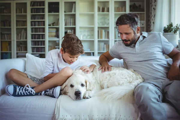 Baba ve oğul evde beslenen hayvan köpek ile kanepede oturan — Stok fotoğraf