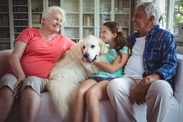 Büyükanne ve torunu ile evde beslenen hayvan köpek — Stok fotoğraf