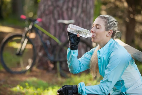 Kvinnliga mountain biker dricksvatten — Stockfoto