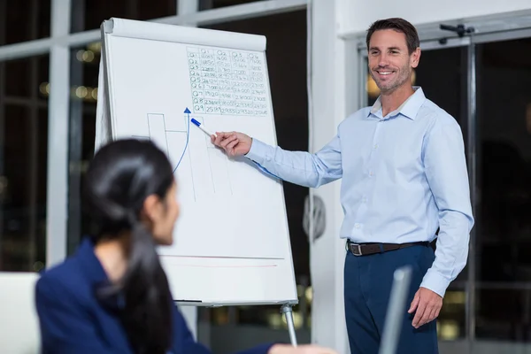 Geschäftsmann diskutiert Grafik auf Whiteboard — Stockfoto