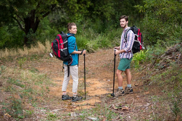 Pareja de excursionistas de pie con bastón de senderismo —  Fotos de Stock