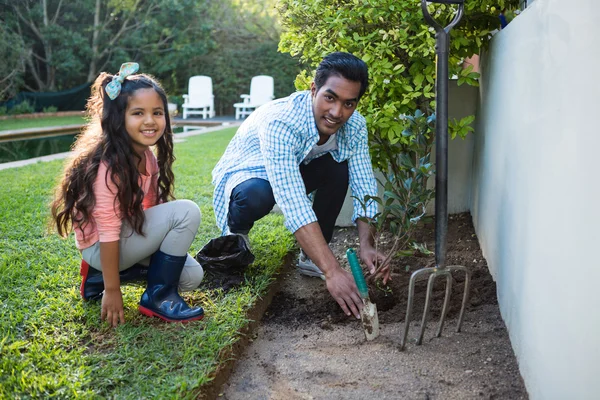 Pai e filha plantando uma árvore — Fotografia de Stock