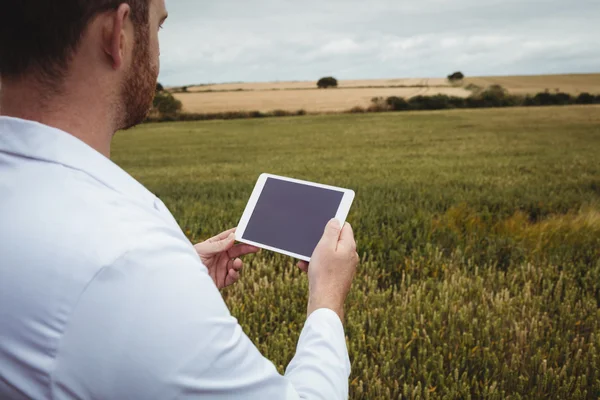 Agronomista usando tablet digital em campo — Fotografia de Stock
