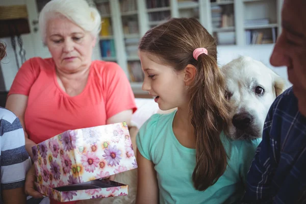 Dziadków i wnuków, patrząc na prezent-niespodzianka — Zdjęcie stockowe