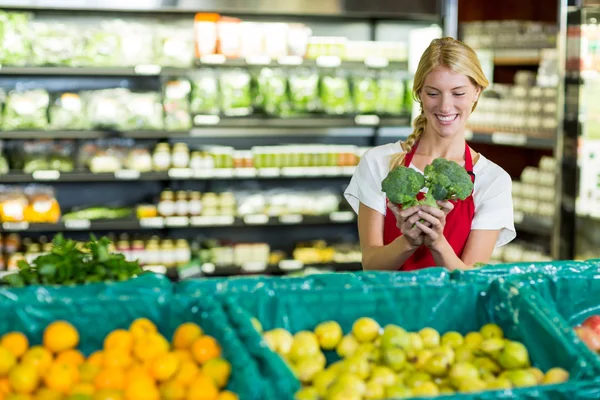 Anställda som innehar broccoli i organiska avsnitt — Stockfoto