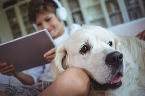 Garçon avec chien animal écoutant de la musique — Photo