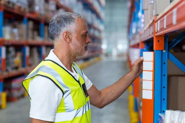 Warehouse worker looking in shelf — Stockfoto