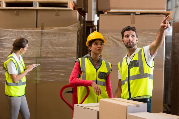Warehouse workers discussing while preparing shipment — Stock Photo, Image