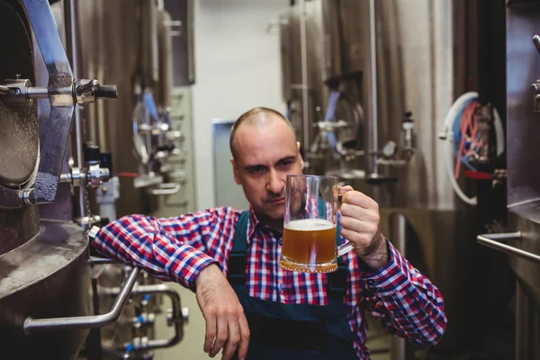 Propietario examinando cerveza en taza de vidrio — Foto de Stock