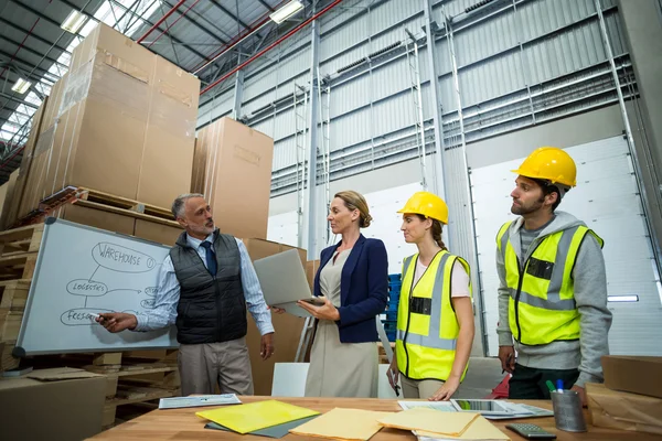 Lagerarbeiter und Manager diskutieren Plan — Stockfoto