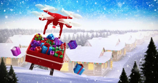 Летающий дрон тянет рождественские сани — стоковое фото