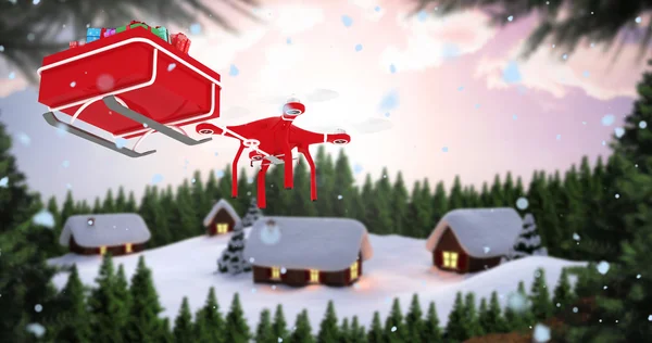 Drone ciągnąc sanki chirstmas — Zdjęcie stockowe