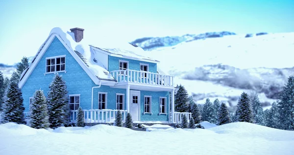 Casa cubierta de nieve con árboles — Foto de Stock