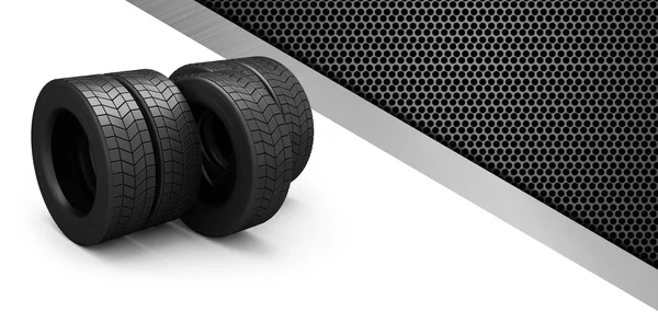Fila de neumáticos contra textura metálica — Foto de Stock