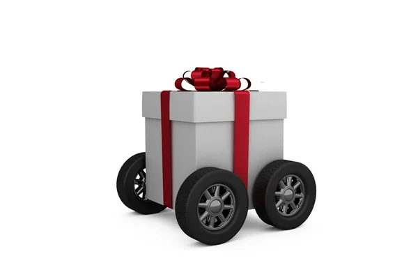 车轮上的红丝带礼品盒 — 图库照片